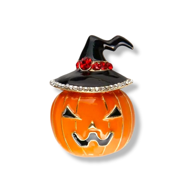 Gold plated red and white crystal Jack o lantern witch necklace/brooch - Picture 8 of 16